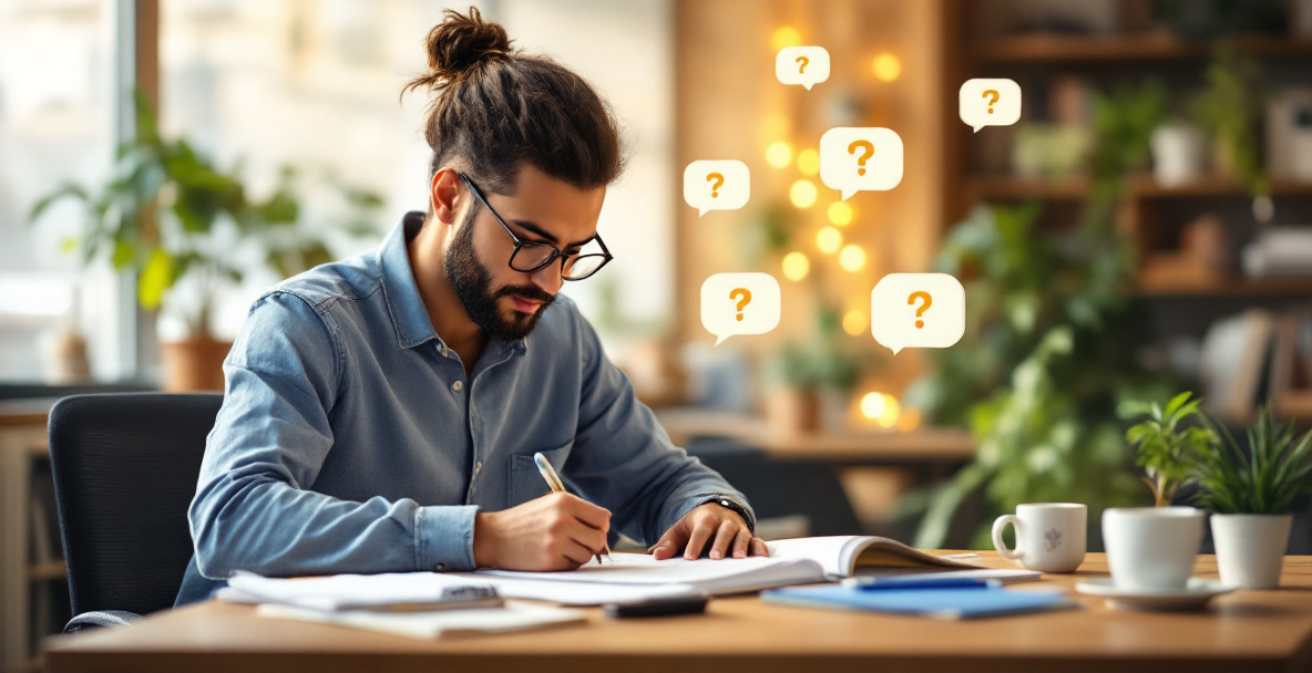 A local business owner brainstorming answers to common customer questions as part of a local content strategy