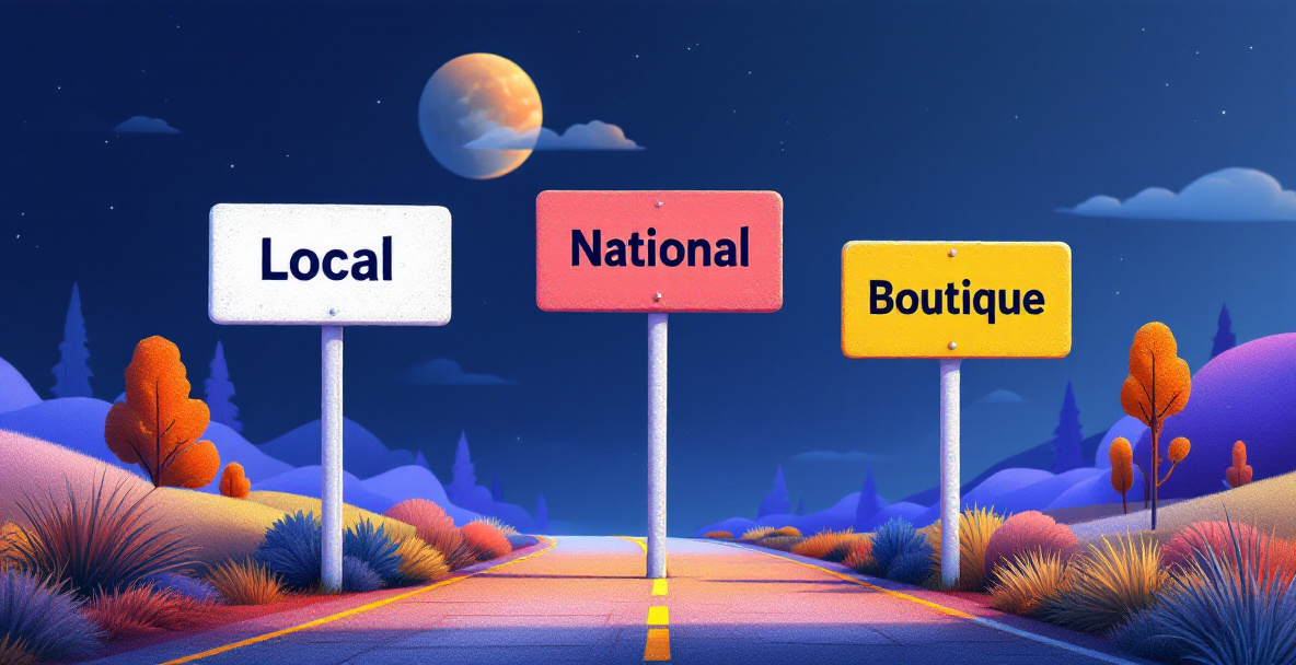 Signposts representing the choice between local, national, and boutique SEO agencies