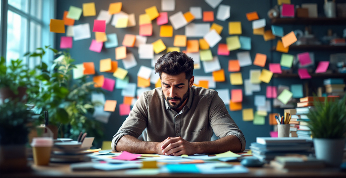 Small business owner overwhelmed by scattered notes and spreadsheets showing signs a CRM system is needed