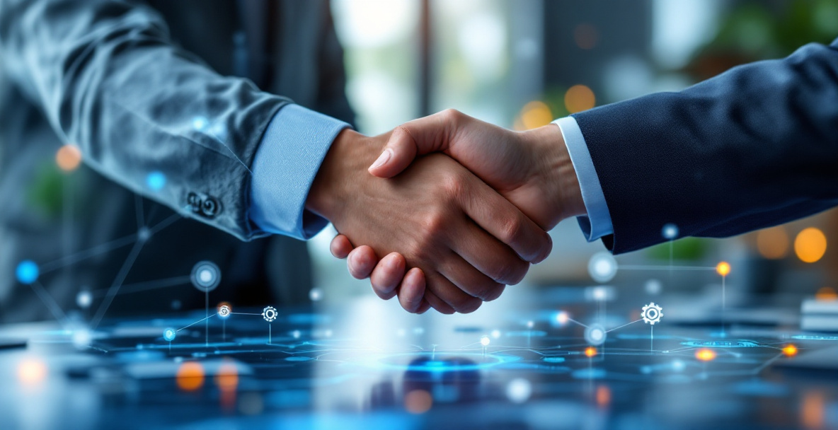 Business partner and specialist shaking hands, symbolizing choosing between DIY setup and partnering with a CRM expert