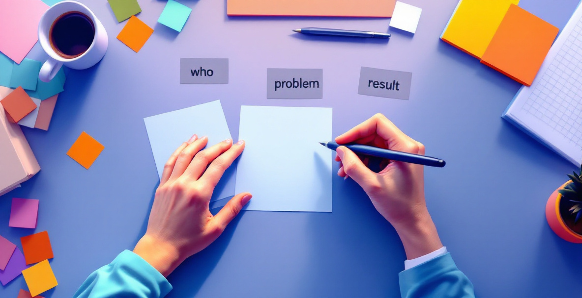 Notes labeled who, problem, and result laid out on a desk to illustrate how to structure an elevator pitch