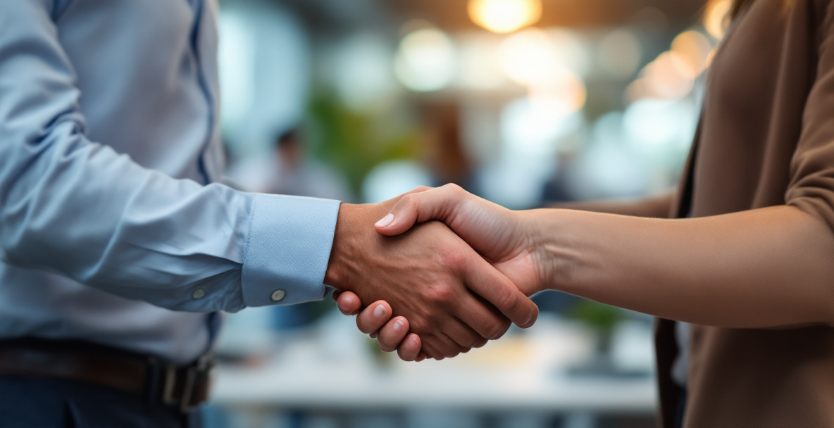 Two professionals talking at a networking event, representing the many places an elevator pitch gets used