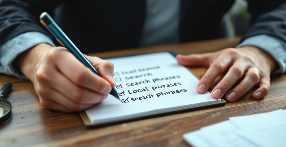 A small business owner reviewing a short, focused list of local keywords to track for rankings