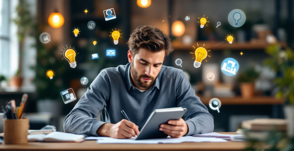 Small business owner researching keywords and planning fresh content to improve WordPress search rankings