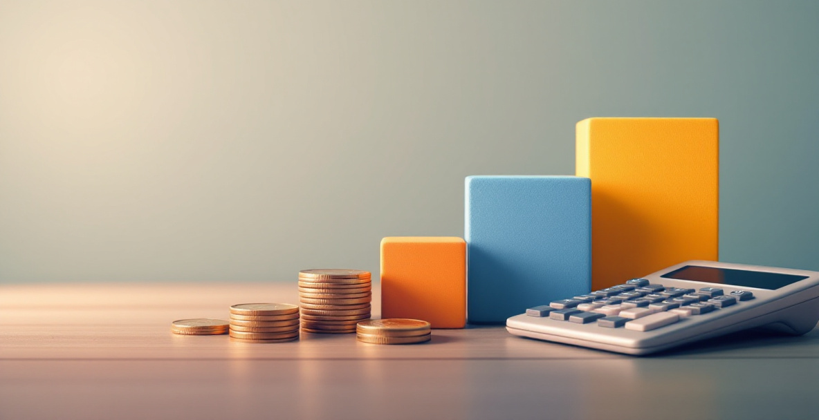 Conceptual image of coins, a calculator, and building blocks representing the range of costs involved in building a small business website in 2026