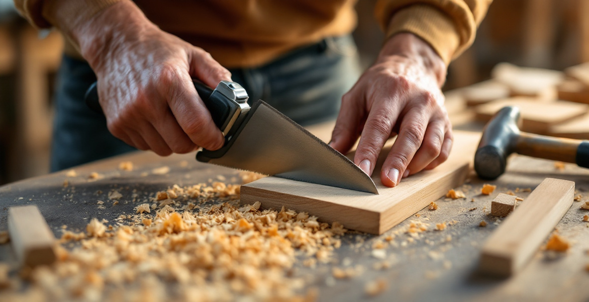 Hands marking and sawing wooden boards with a combination square and handsaw while building a crate step by step
