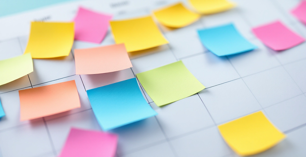 Calendar with a mix of planned sticky notes and open spaces representing a flexible, regularly reviewed content calendar