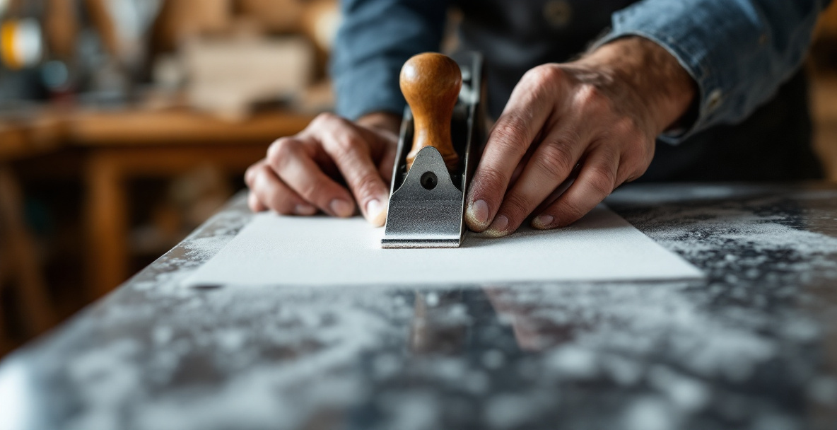 Hands flattening the back of a hand plane blade on sandpaper in a figure-eight motion