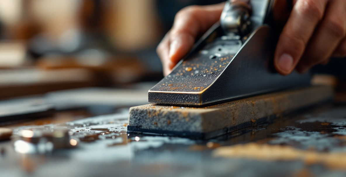 Honing the bevel of a plane blade at a low angle on a sharpening stone
