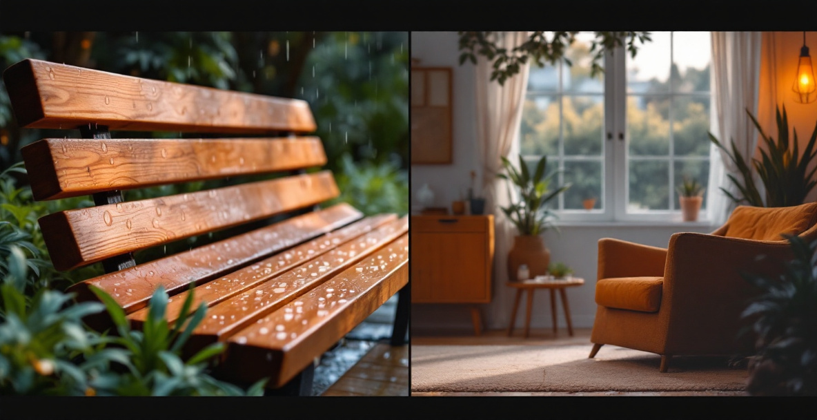 Comparison of outdoor furniture exposed to weather versus indoor furniture in a dry setting