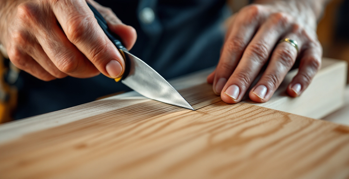 Hands guiding a marking knife against a square to cut a straight, accurate layout line on wood