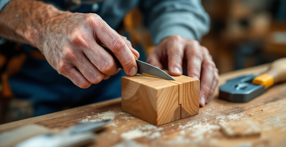 Marking knife used to lay out tenon shoulder and mortise wall lines during hand-cut joinery