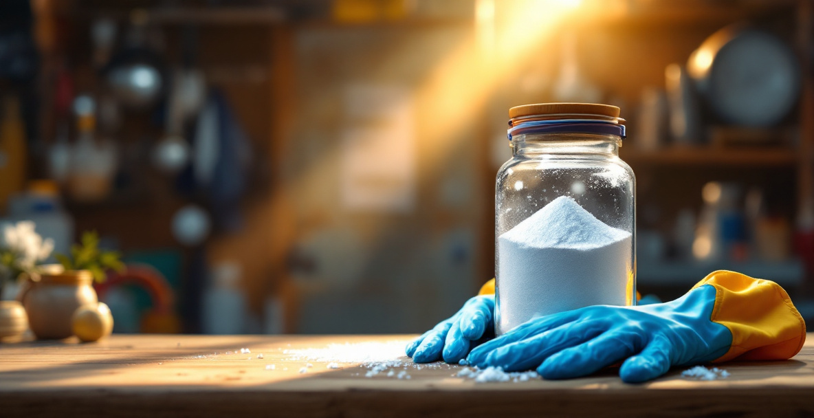 Safety gear including rubber gloves, goggles, and a sealed labeled container for handling oxalic acid safely in a ventilated workspace