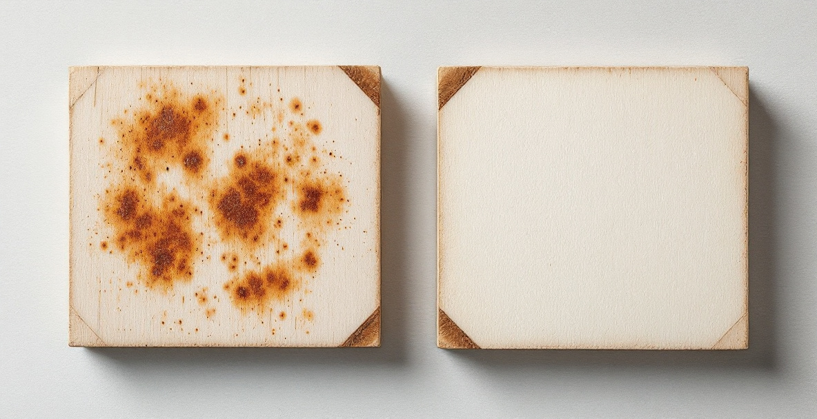 Comparison of two wood boards showing how oxalic acid removes specific stains versus overall wood lightening from chlorine-based bleach