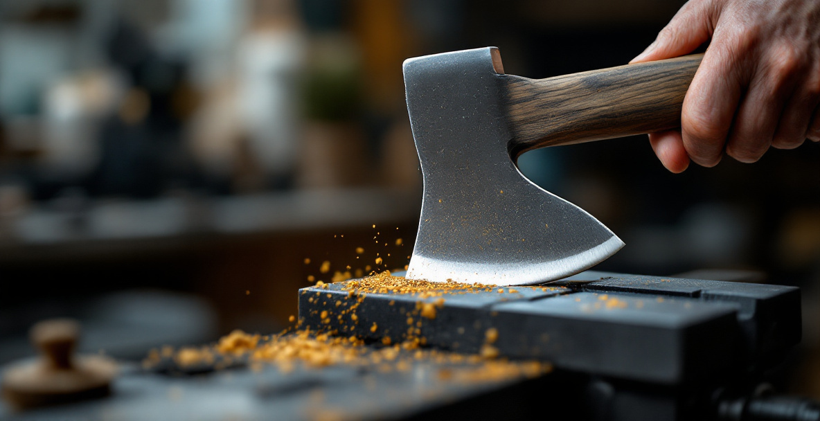 Filing the bevel of an axe head clamped in a vice during the sharpening process