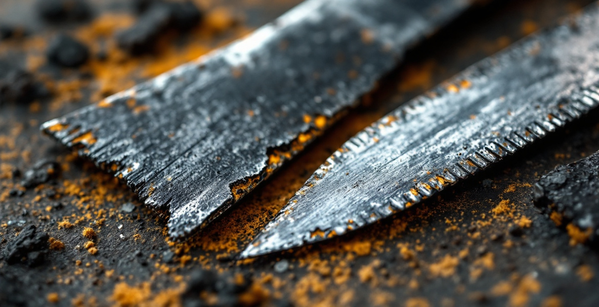 A chipped axe edge illustrating a common mistake to avoid when sharpening by hand