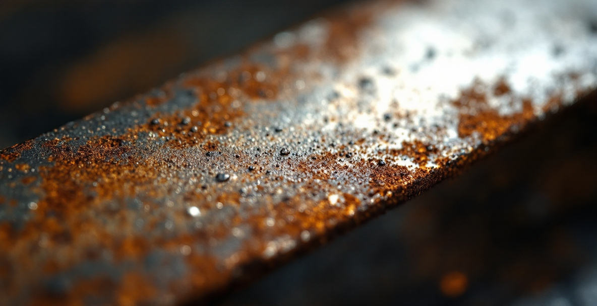Close-up of a pitted, rusty chisel edge showing permanent craters left by years of corrosion
