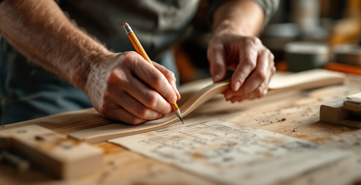 Using a drawing bow to trace a curved line onto a workpiece with a pencil