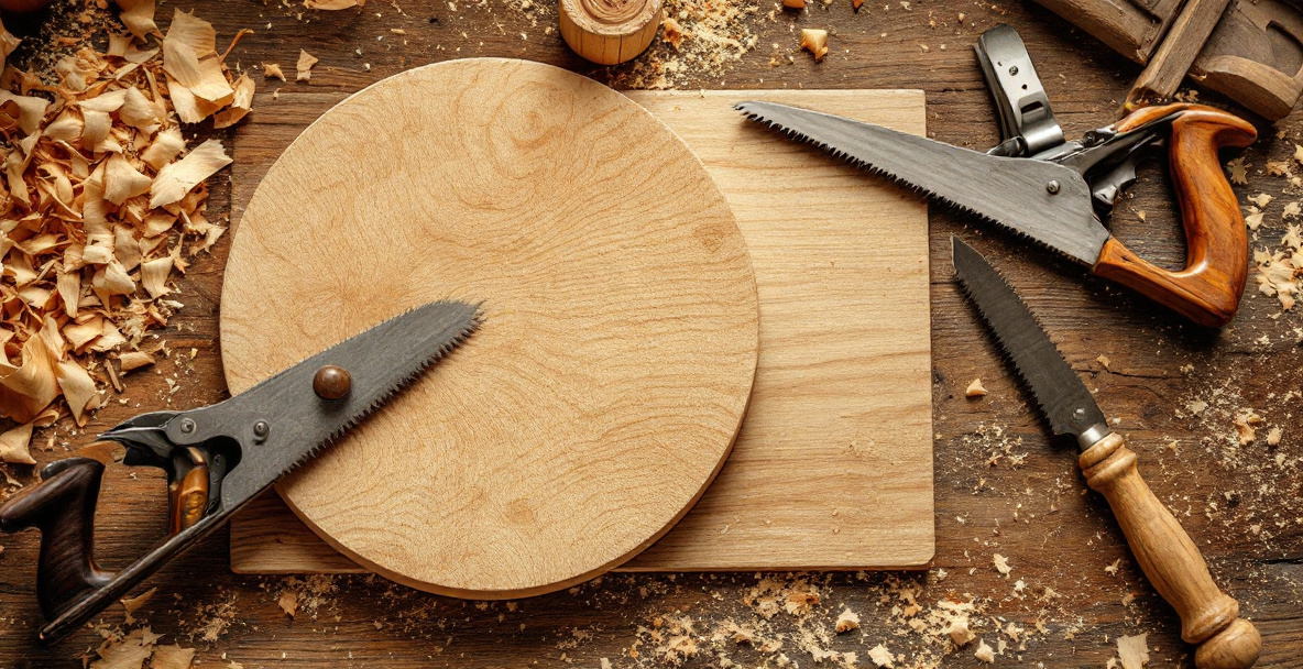 Coping saw and hand plane used for cutting and smoothing a curved chair seat after marking with a drawing bow
