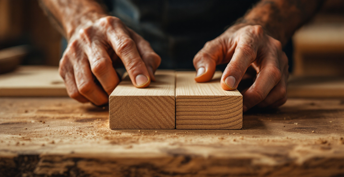 Checking a board for twist using winding sticks before flattening it with a hand plane