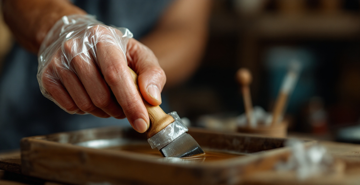 Wooden tool handle wrapped in plastic while only the metal end soaks in a shallow container of vinegar