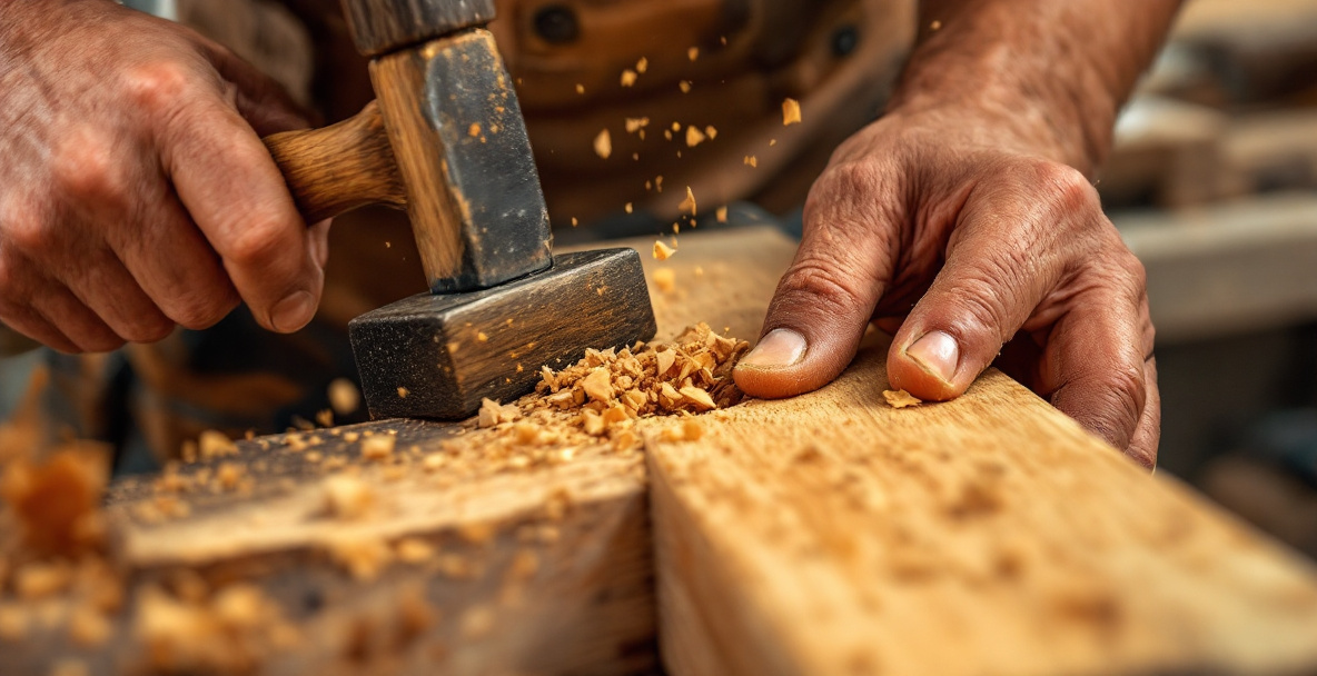 Chopping out the waste in the center of a mortise with a chisel and mallet before working toward the end lines