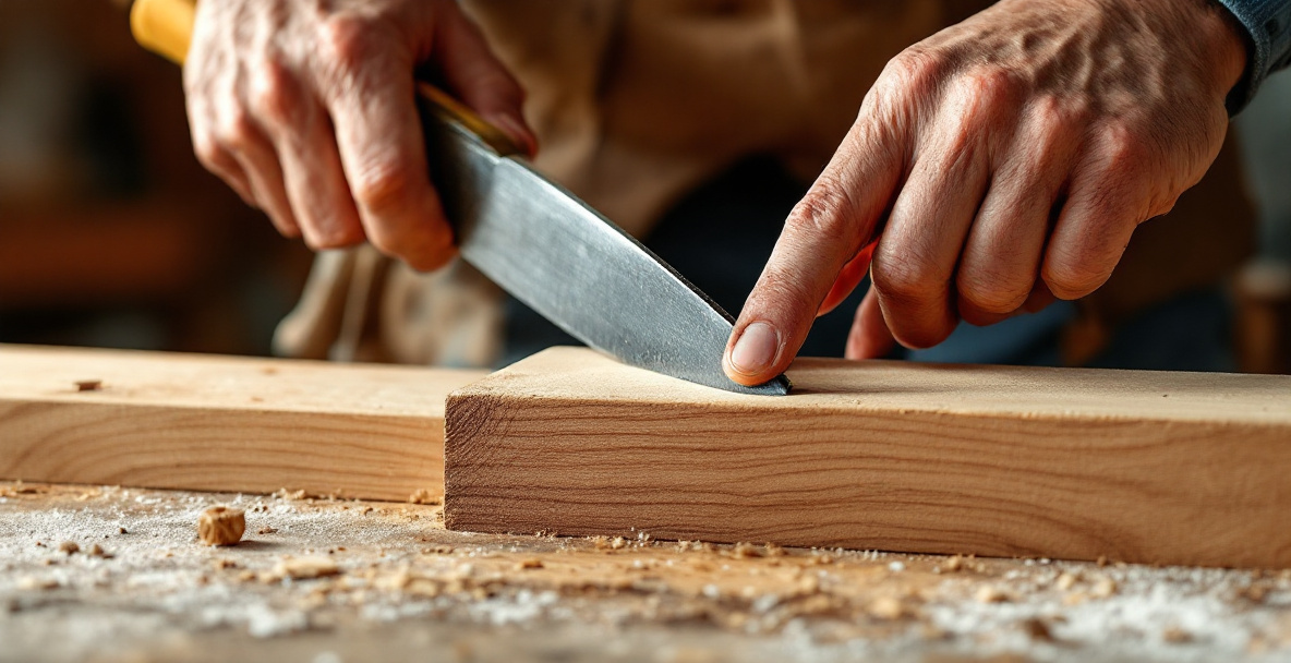 Woodworker hand-cutting a mortise and tenon joint for a crib corner post