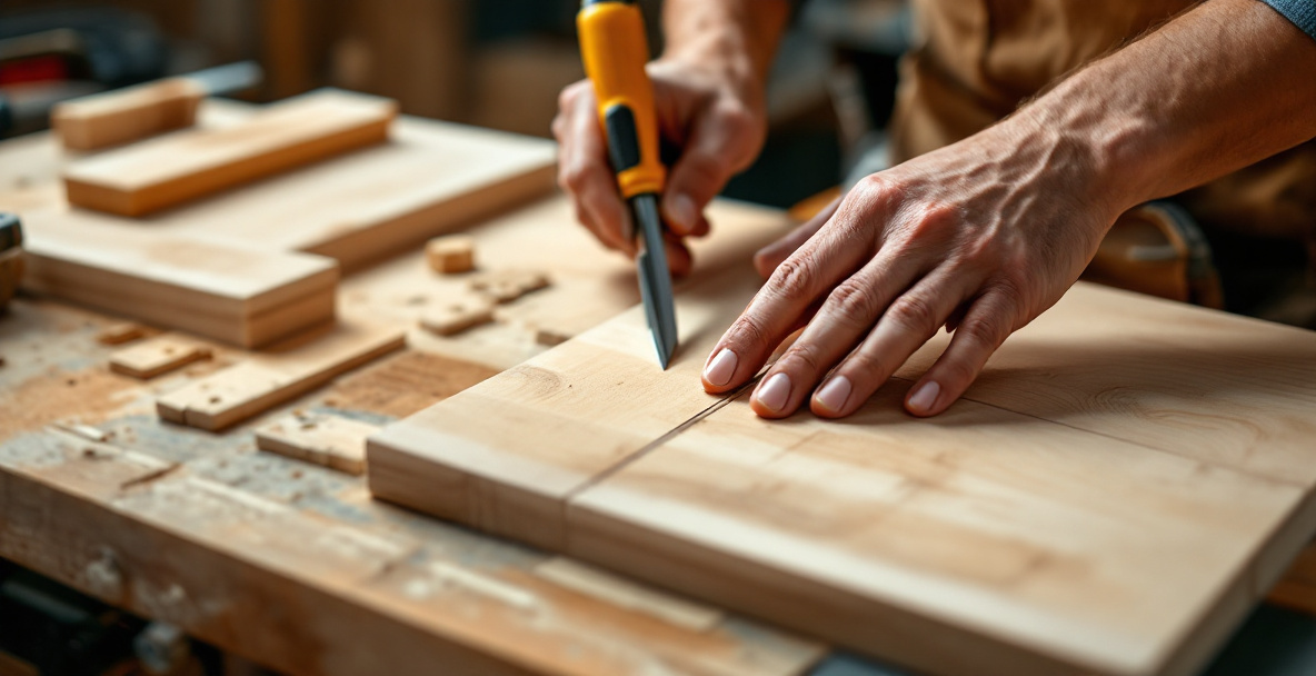 Marking gauge and knife used to lay out step stool joints on wooden side panels before cutting