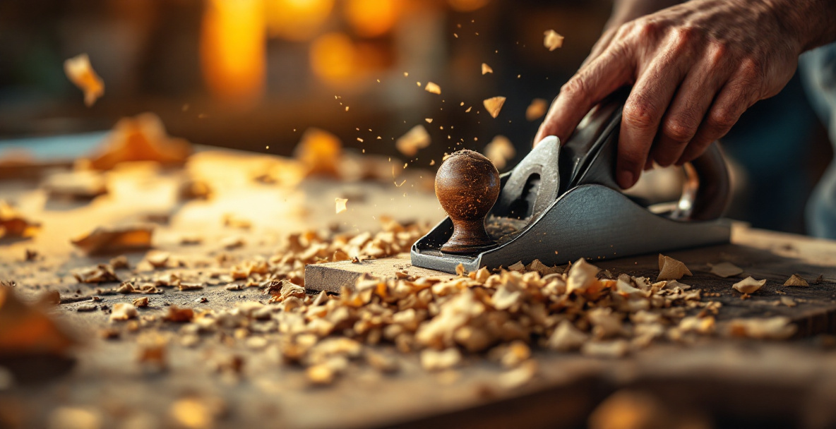 Hand plane smoothing a wooden surface before assembling the step stool