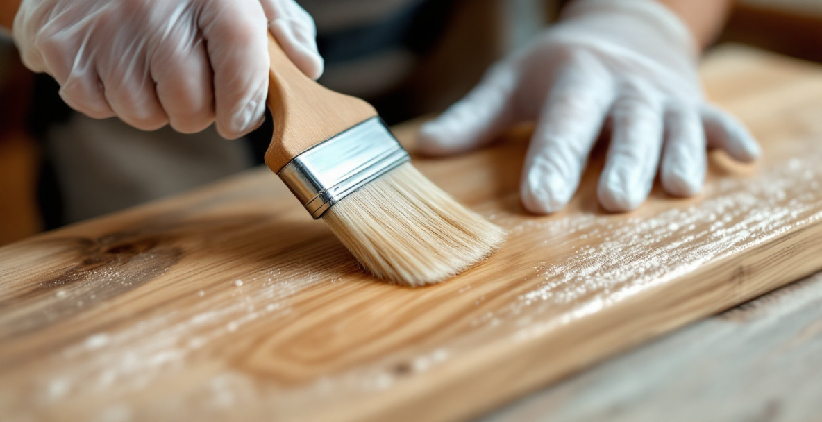 Applying oxalic acid wood bleach solution onto bare sanded wood with a synthetic-bristle brush