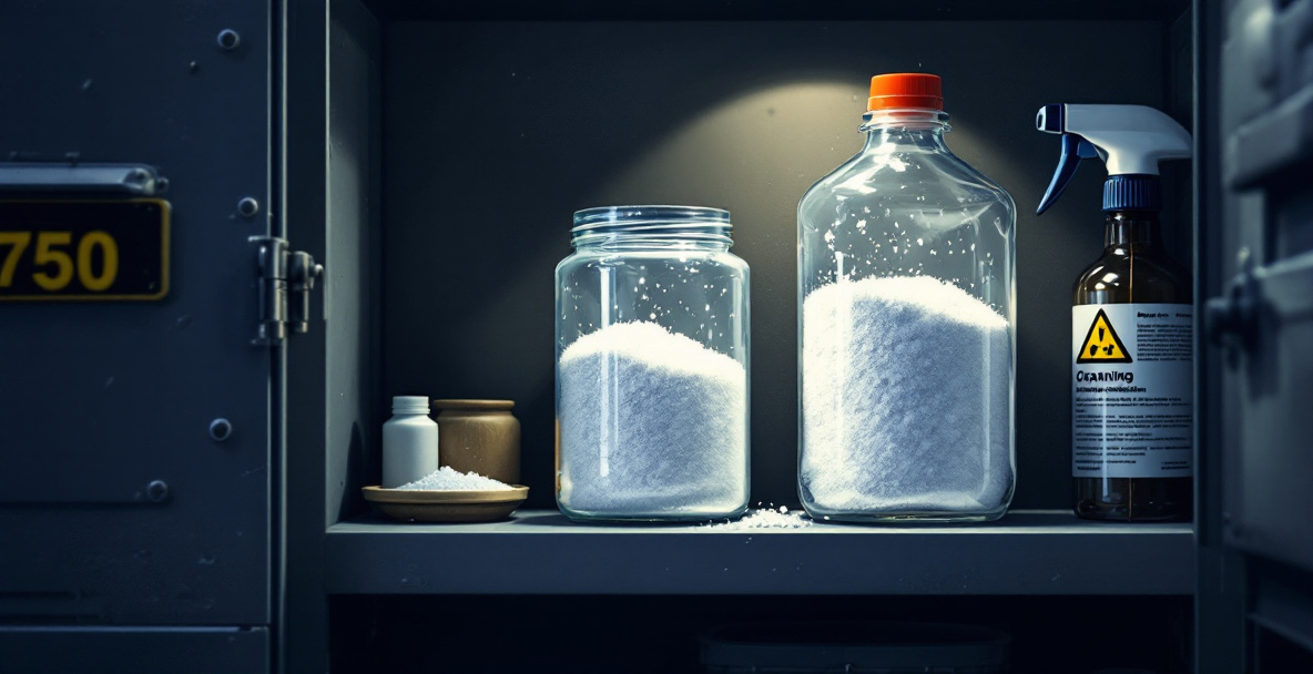Oxalic acid crystals stored safely in a labeled sealed container on a high shelf away from food
