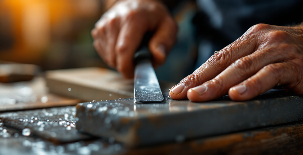 Sharpening a chisel on a whetstone to get a sharp working edge for woodworking