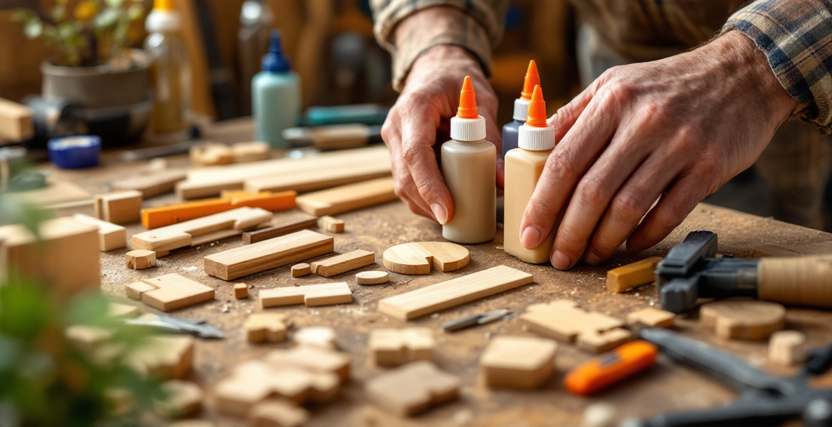 Comparing different adhesive bottles and wood joint samples to choose the right glue for a project