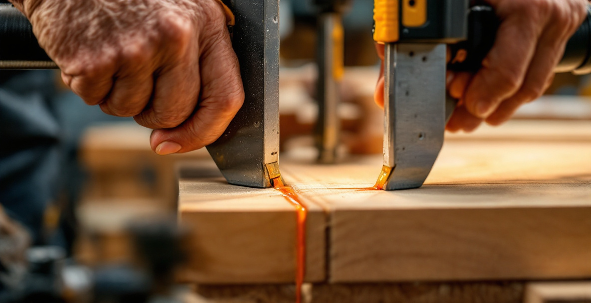 Clamping a freshly glued wood joint with even pressure and visible glue squeeze-out along the seam