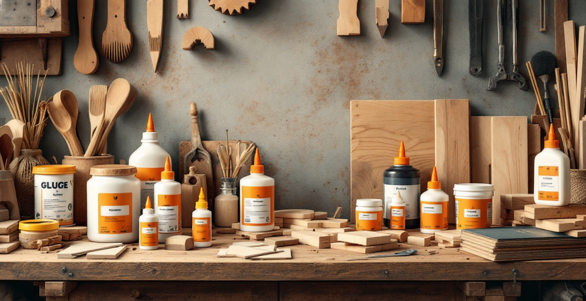 Different types of wood glue bottles next to sample wood joints for choosing the right adhesive