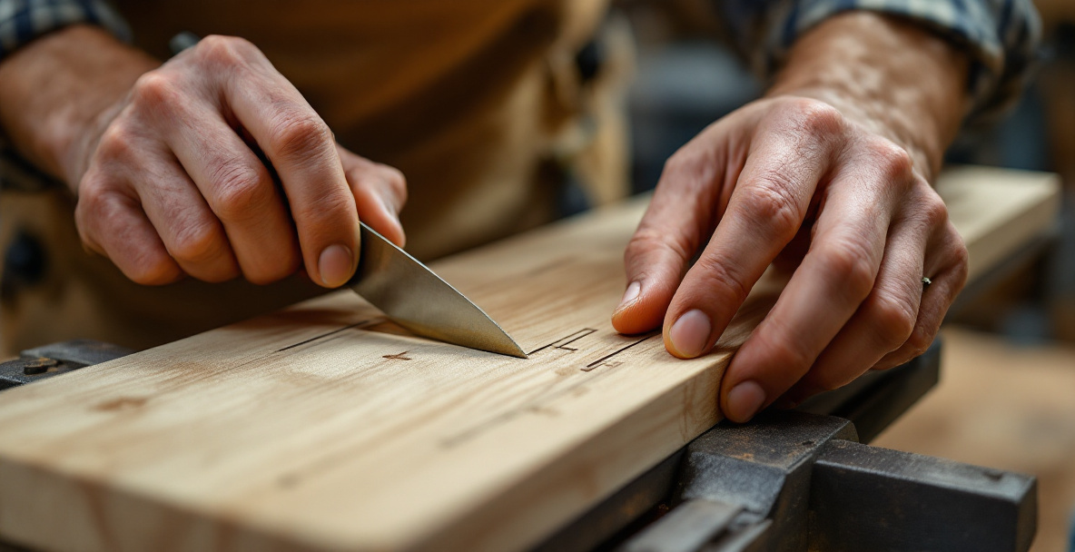 Marking dovetail joint layout lines with a square and marking knife before sawing