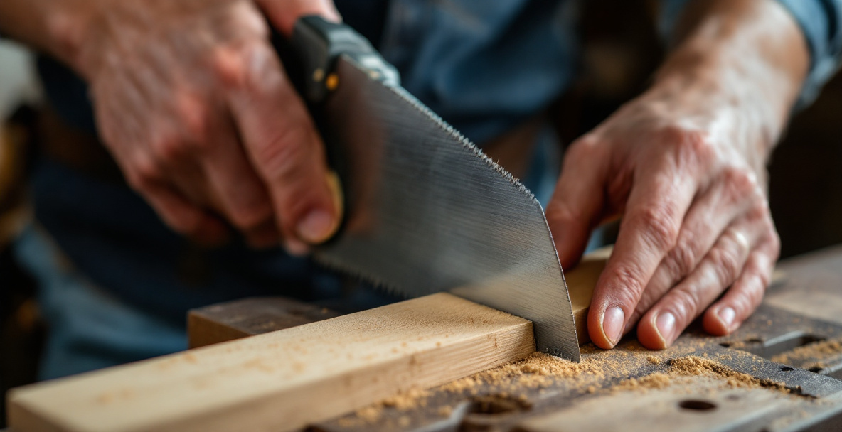 Hands guiding a dovetail saw along a knife line to make a precise, controlled cut