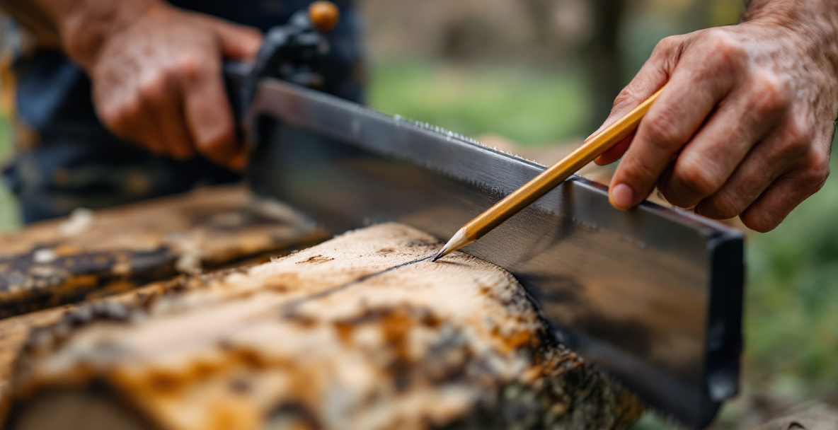 Hands tensioning a bowsaw blade before starting a crosscut on a log