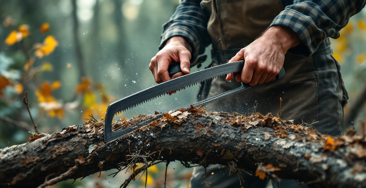 Beginner avoiding common bowsaw mistakes by using full strokes and supporting the offcut while cutting a branch