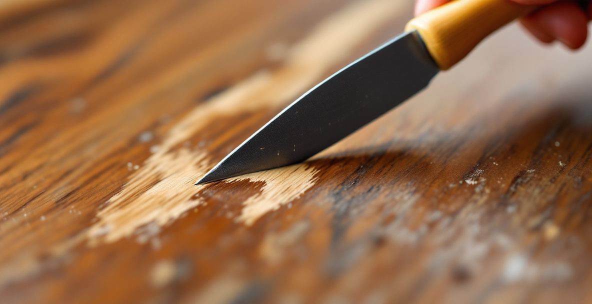 Applying wood putty with a putty knife to a small scratch on finished, stained furniture