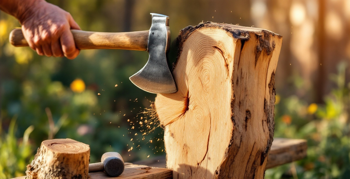 Standing a log on a chopping block and driving a wedge into the crack to cleave it step by step