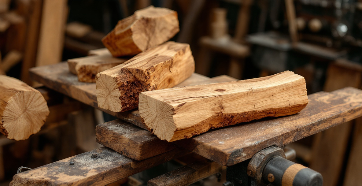 Cleft wooden billets being shaped into furniture parts like chair legs and spindles using a drawknife