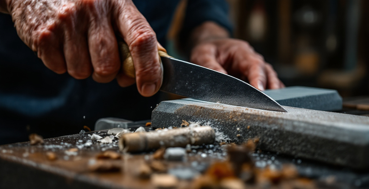 Sharpening a chisel on a waterstone, a key step before using any woodworking starter tools