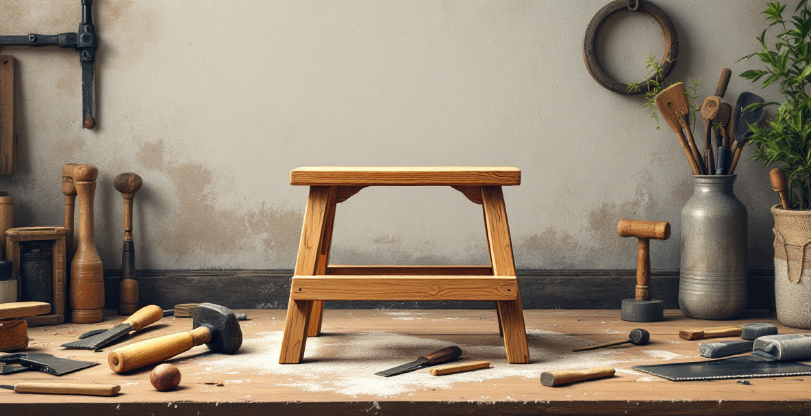 A simple wooden step stool, a common first project built using a starter woodworking tool kit