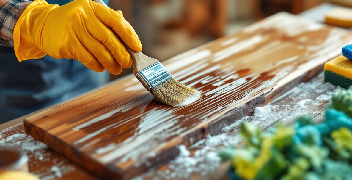 Step-by-step application of oxalic acid solution to treat a water and rust stain on a wooden board