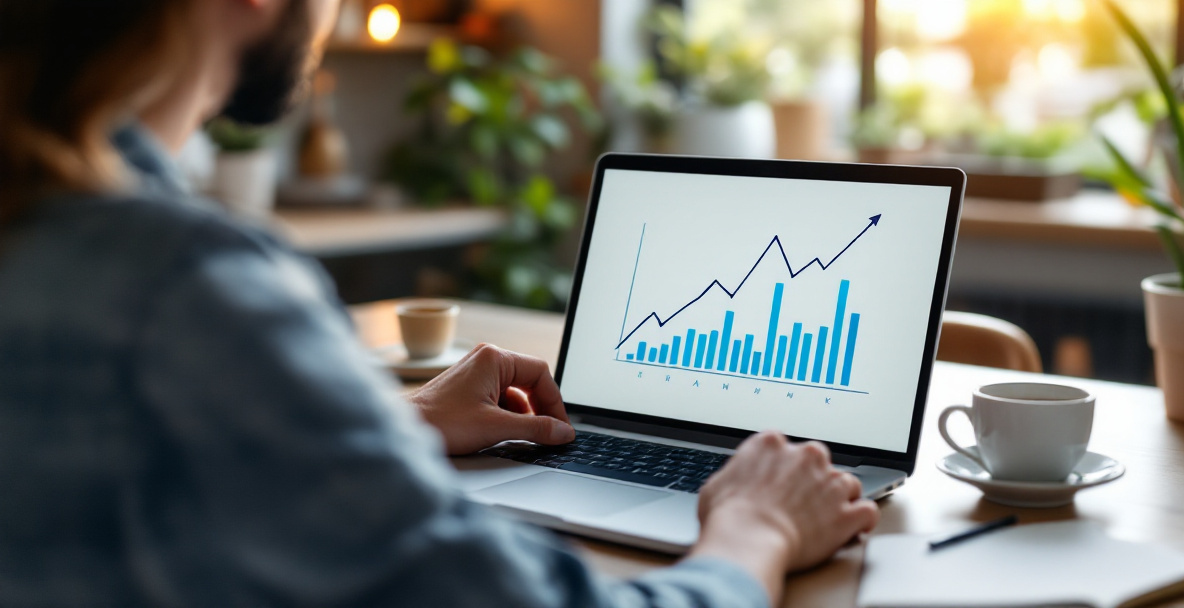Small business owner reviewing a simple rank tracking tool dashboard showing Google ranking trends on a laptop